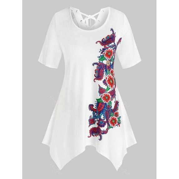 Rosegal Plus Size Handkerchief Floral Print Lace Up Tee