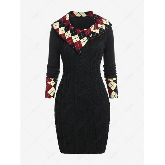 Rosegal Plus Size Hooded Argyle Cable Knit Sweater Dress