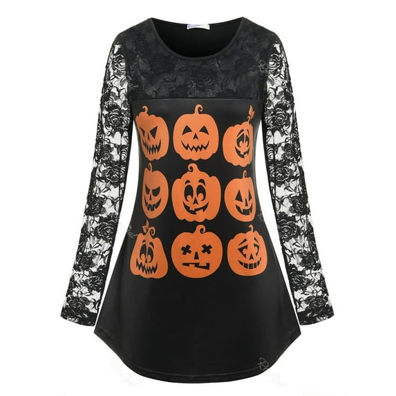 Rosegal Plus Size Lace Sleeve Pumpkin Face Print Halloween Tee