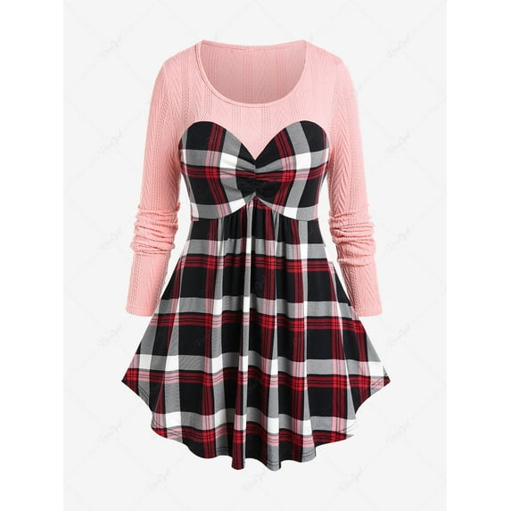 Rosegal Plus Size Plaid Cable Knit Long Sleeves Colorblock Tee