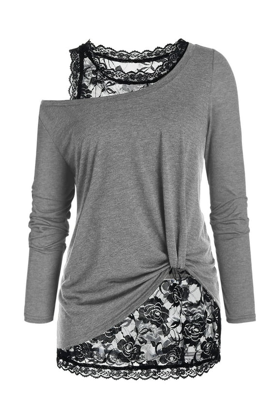 Plus Size Skew Neck T Shirt and Floral Lace Tank Top Light Gray XL