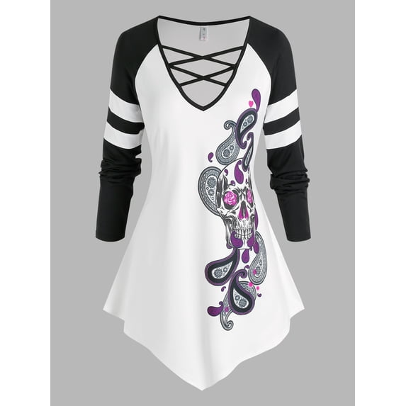 Rosegal Plus Size Skull Paisley Print Raglan Sleeve Criss Cross T Shirt White 4X