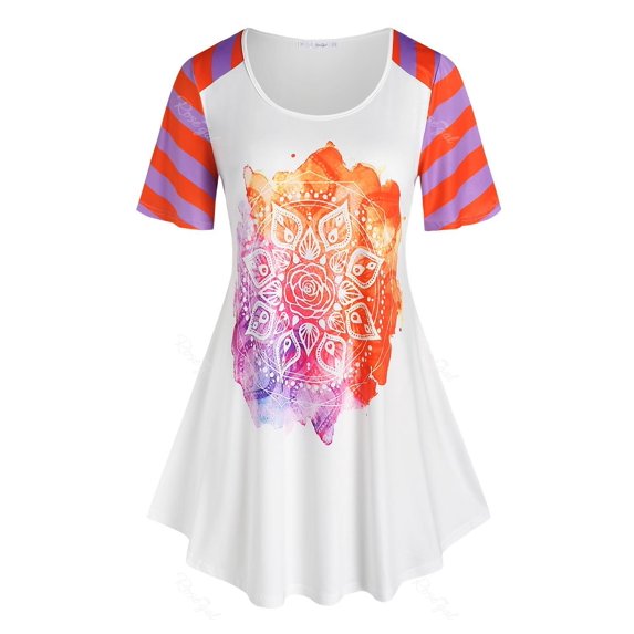 Rosegal Plus Size Stripe Bohemian Print Curved Tee