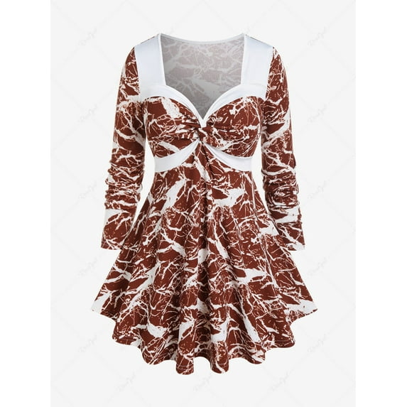Rosegal Plus Size Sweetheart Neck Twist Marble Print Long Sleeve Top