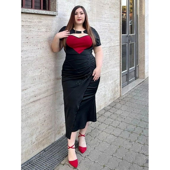 Rosegal Plus Size Valentine Day Ring Heart-shaped Colorblock Ruched Cutout Mermaid Dress