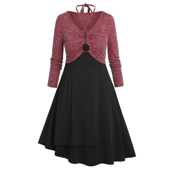 Rosegal Women 2PCS Plus Size Cami Dress and Ribbed Cross T-shirt Set Deep Red 2X