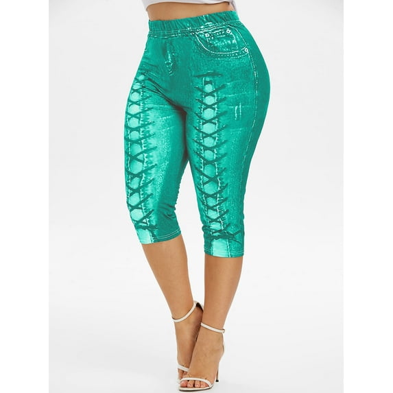 Rosegal Women Casual Plus Size 3D Lace Up Jean Print Capri Leggings Green 3X
