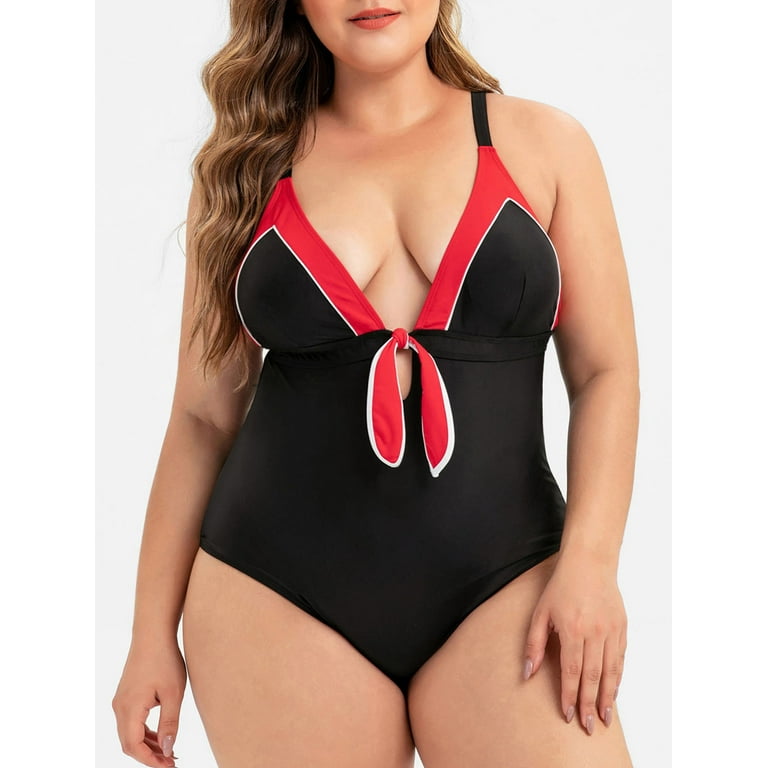 Rosegal Women Knot Piping Colorblock Plus Size One piece Swimsuit Black 1X Walmart