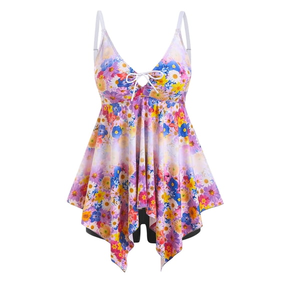 Rosegal Women Plus Size Handkerchief Cinched Floral Print Tankini Swimwear Light Pink 1X