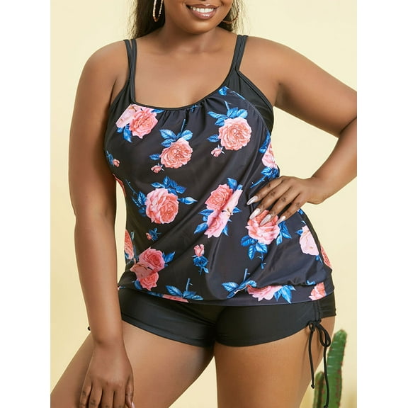 Rosegal Women Swimsuit Plus Size Flower Print Layered Style Blouson Tankini Swimwear Black 3XL