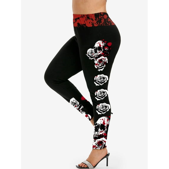 Rosegal Women's Gothic Bloody Skull Rose Print Skinny Leggings