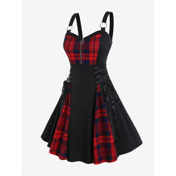 Rosegal Women's Lace Up Plaid Half Zipper Fit and Flare Gothic Dress