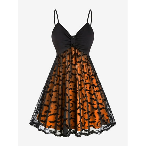 Rosegal Women's Plus Size Bats Pattern Lace Overlay Knot Halloween Fit and Flare Dress