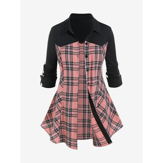 Rosegal Women's Plus Size Colorblock Plaid Roll Up Sleeves Shirt
