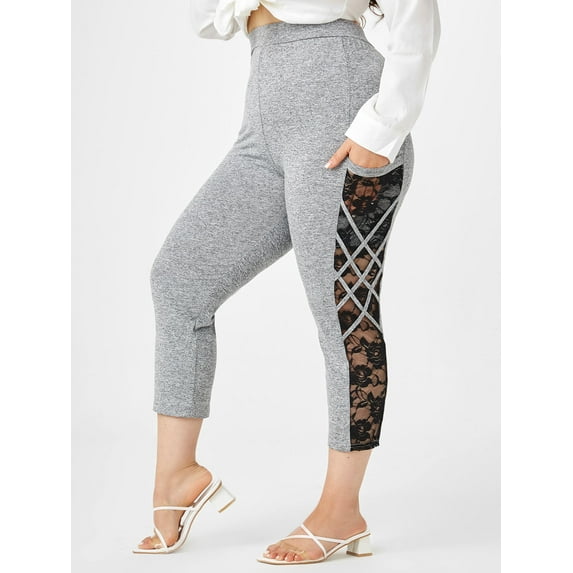 Rosegal Women's Plus Size & Curve High Rise Lace Panel Crisscross Ninth Leggings