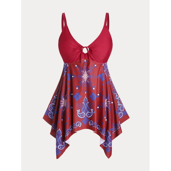 Rosegal Women's Plus Size & Curve Paisley Print Cinched Padded Handkerchief Modest Tankini Swimsuit