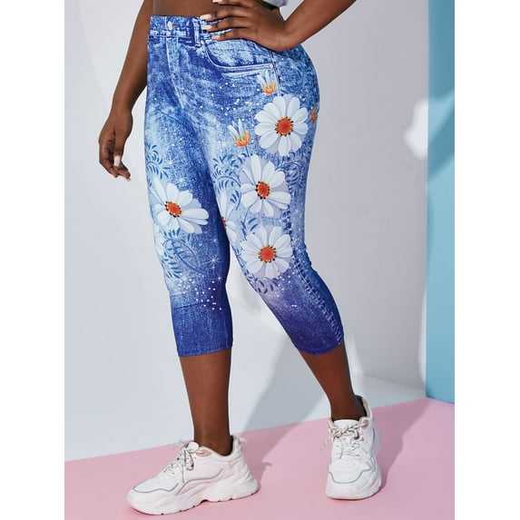 Rosegal Women's Plus Size Daisy 3D Print Capri Jeggings