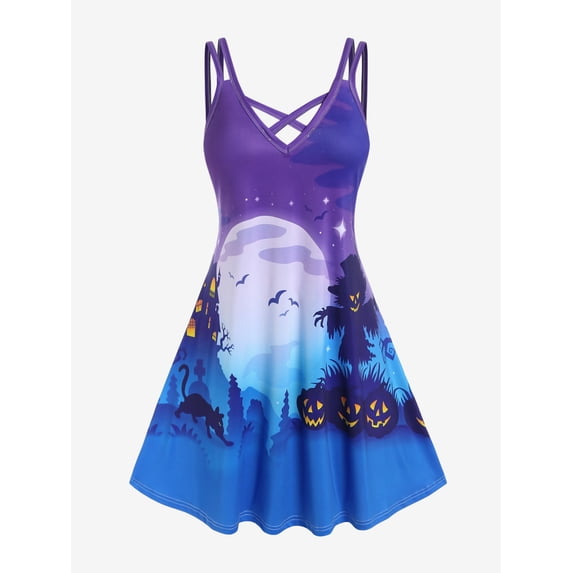 Rosegal Women's Plus Size Halloween Pumpkin Bats Cat Printed A Line Dress