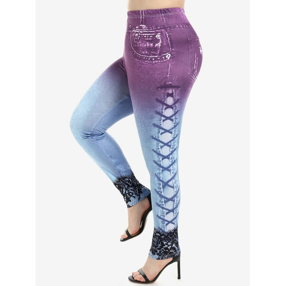 Rosegal Women's Plus Size High Waist 3D Denim Lace Print Skinny Jeggings