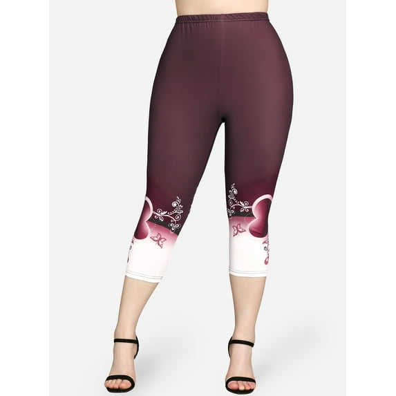 Rosegal Women's Plus Size High Waist Floral Heart Print Capri Skinny Leggings