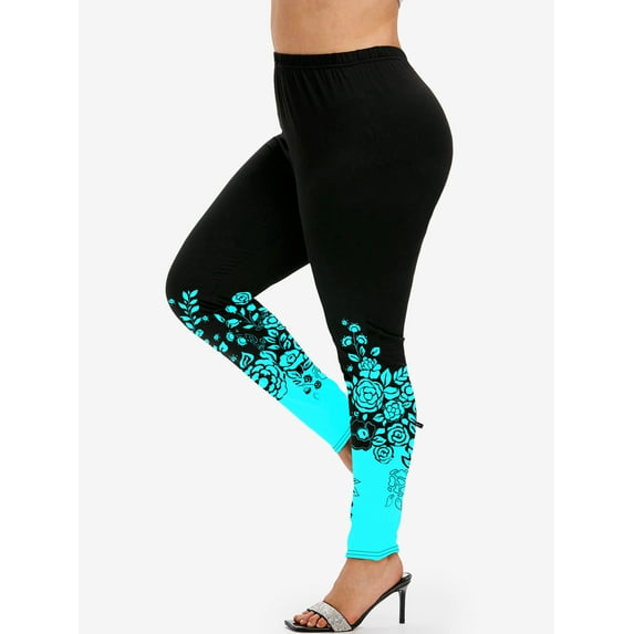 Rosegal Women's Plus Size High Waist Floral Print Colorblock Skinny Leggings