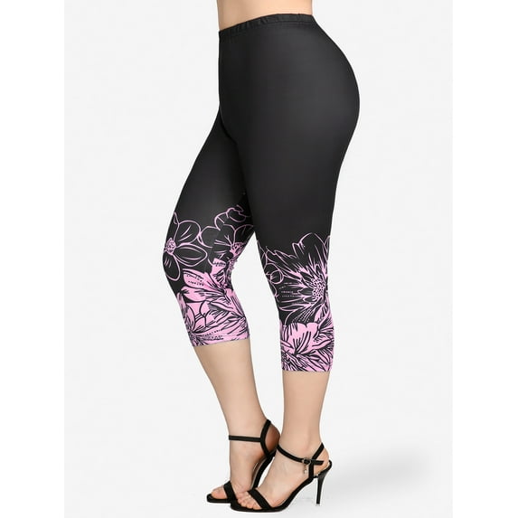 Rosegal Women's Plus Size High Waist Floral Print Skinny Capri Leggings