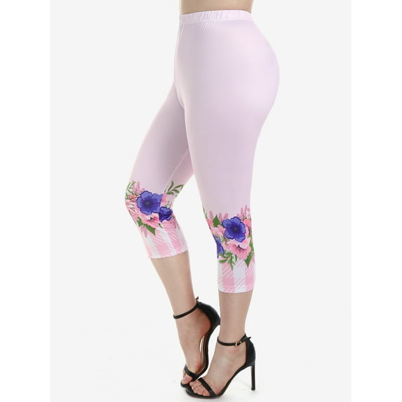 Rosegal Women's Plus Size High Waist Floral Print Skinny Capri Leggings