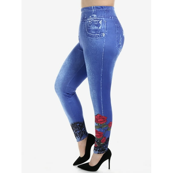 Rosegal Women's Plus Size High Waist Rose Print 3D Denim Skinny Jeggings