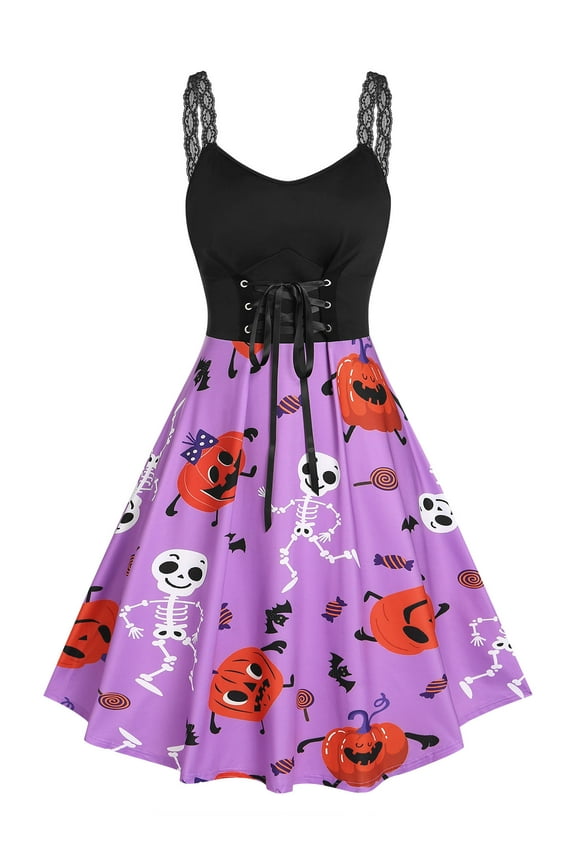 Women's Plus Size Lace Up Pumpkin Skeleton Print Halloween Dress