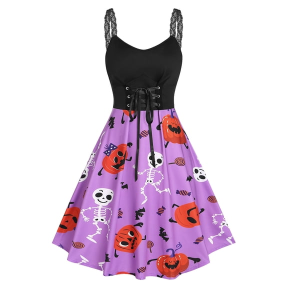 Rosegal Women's Plus Size Lace Up Pumpkin Skeleton Print Halloween Dress