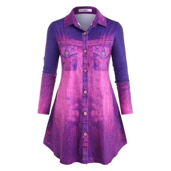 Rosegal Women's Plus Size Ombre 3D Jean Print Long Sleeve Shirt Purple 5X