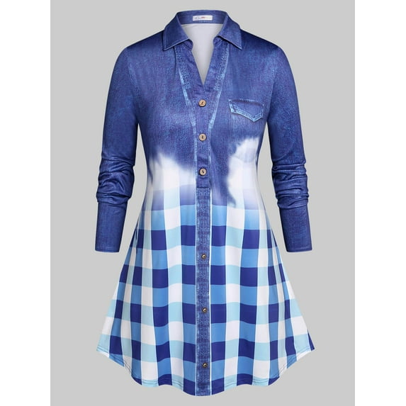 Rosegal Women's Plus Size Plaid Half Button 3D Print Blouse