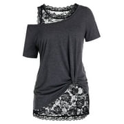 Rosegal Women's Plus Size Skew Neck T Shirt with Floral Lace Tank Top