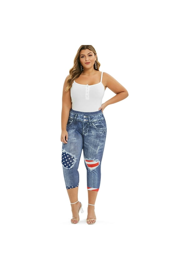 for Women Jeggings American Flag 3D Printed Skinny Capri Plus Size Jeggings Blue L