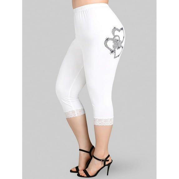 Rosegal for Women Leisure Plus Size Heart Print Lace Hem Capri Leggings White 3XL