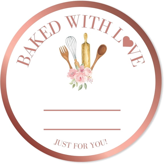Rosegold Baked with Love Stickers | 2 Inch 300pcs Packaging Labels for Baked Goods, Bakery Label Roll, Bread Sticker, Cookie Packaging & Baking Business Essentials