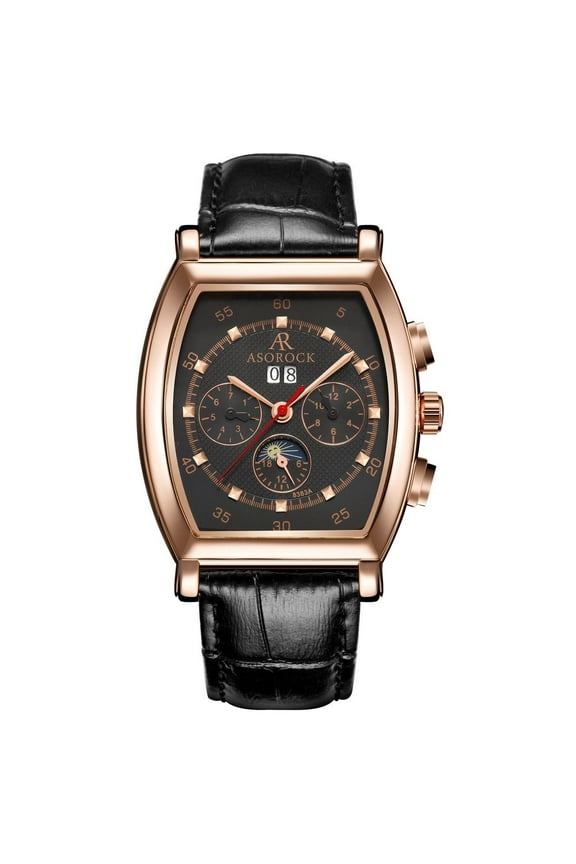 Rosegold/Black Ambassador | 42mm Mens Automatic Stainless Steel Watch | tonneau barrel style Homage Style | Top Grain Italian Leather Watch Band | Moonphase Perpetual Calendar Chronograph Watch