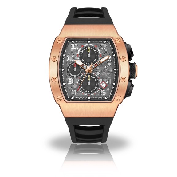 Rosegold/Black Motorsport GT | 42MM | Stainless Steel | tonneau barrel style | Rubber Strap | Luminous hands | homage Mens Sports Automatic Watch