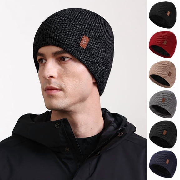 Roselia_Co Men's Winter Fleece Lined Beanie Hat, Thick Warm Knitted Skull Cap for Outdoor Cycling & Skiing, Black