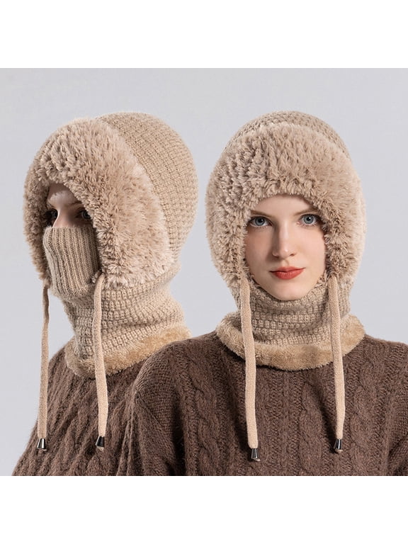 Women's 3 in 1 Winter Balaclava Beanie Hat, Thick Plush Lined Windproof Hooded Scarf, Coffee