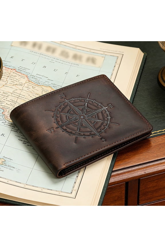 Viking Compass Men's Genuine Leather Bifold Wallet, Dark Brown