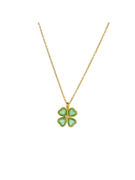 Women's Gold-Plated Stainless Steel Four-Leaf Clover Necklace, Green Cat Eye Lucky Pendant
