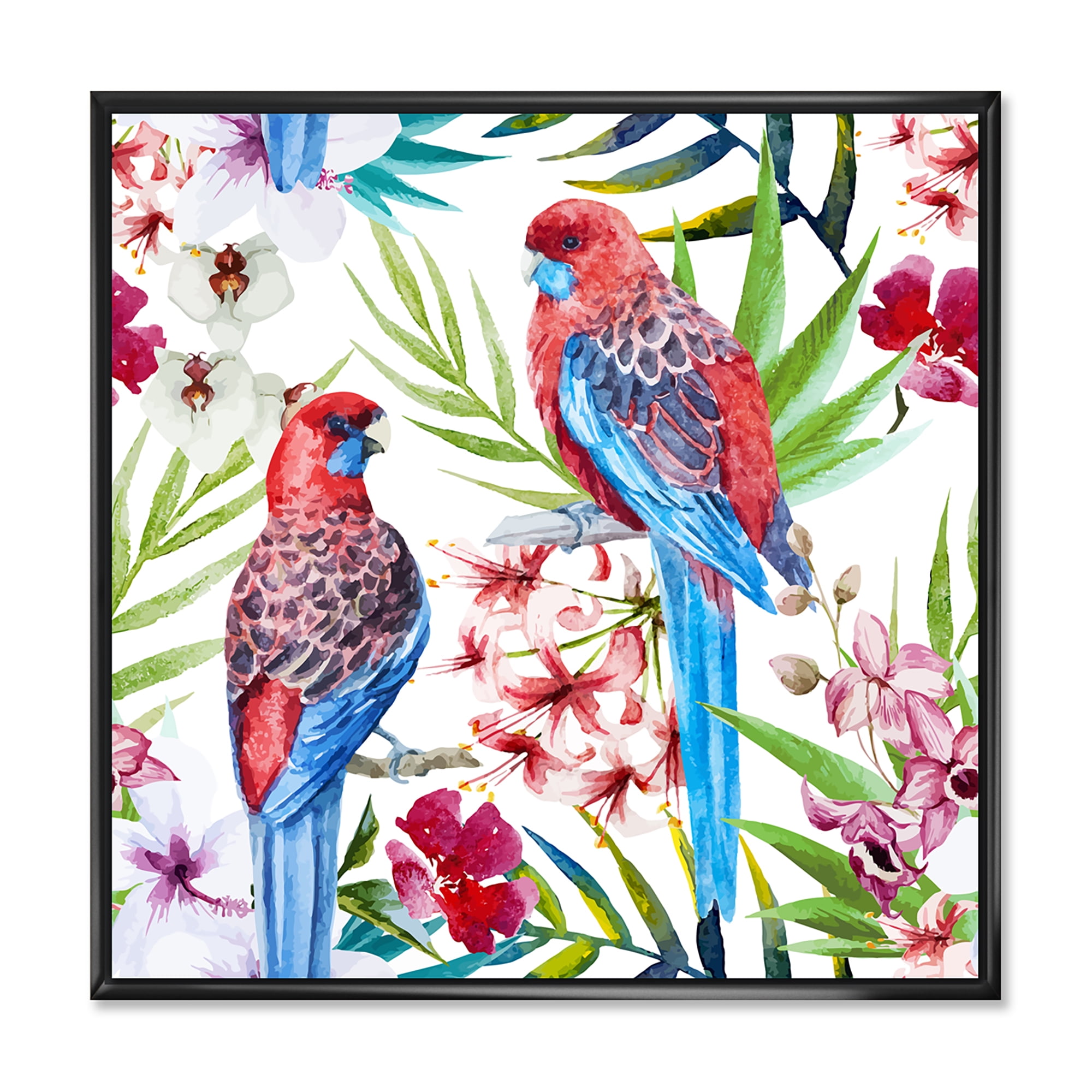 Rosella Birds Sitting On Flowers Tree Branch 36 in x 36 in Framed Painting Canvas Art Print, by Designart