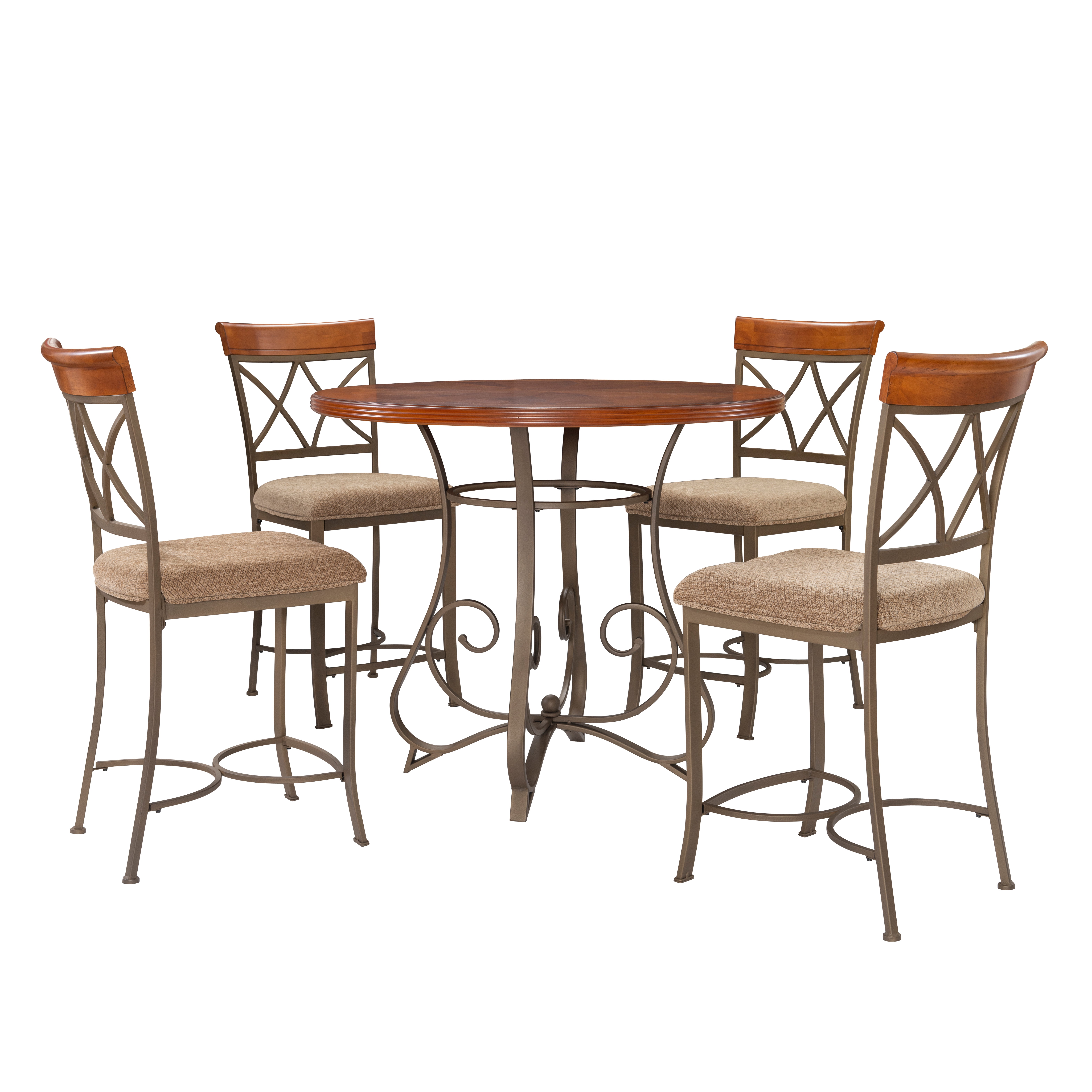 Roselyn 5-Piece Counter Height Pub Set, Brushed Faux Medium Cherry Wood with "Matte Pewter and Bronze" Metal
