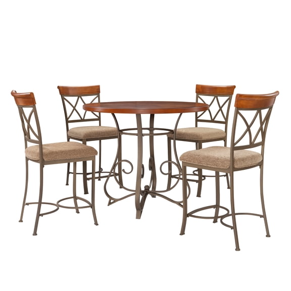 Roselyn 5-Piece Counter Height Pub Set, Brushed Faux Medium Cherry Wood with "Matte Pewter and Bronze" Metal