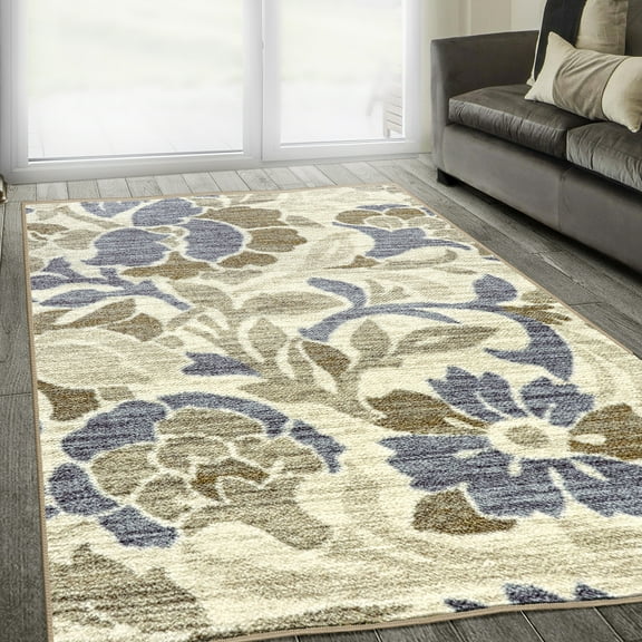 Roselyn Farmhouse Printed Nylon Floral Non-Slip Washable Indoor High Traffic Runner by Blue Nile Mills - 5' x 8', Ivory