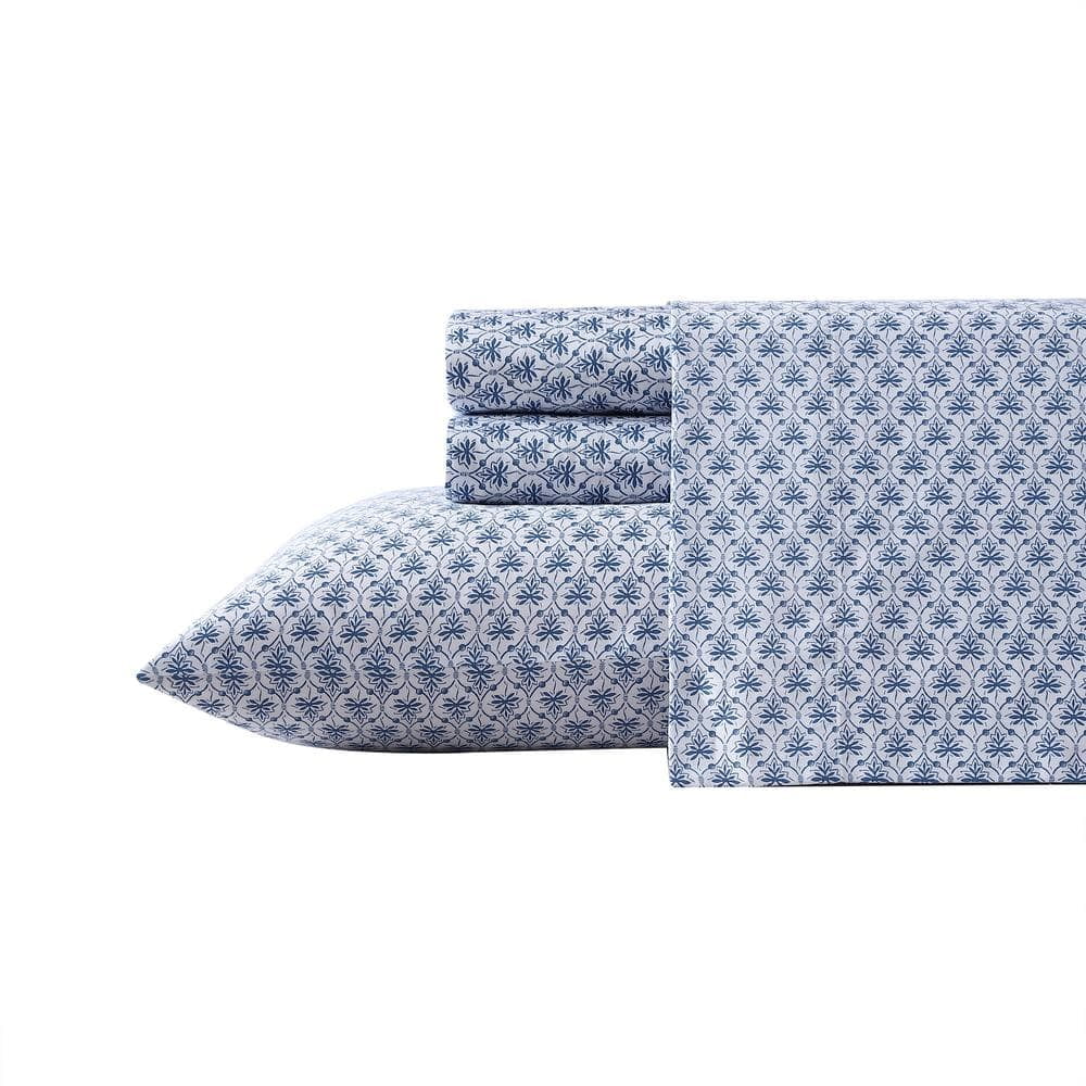 Blue Cotton Sateen Queen Sheet Set with Floral Print