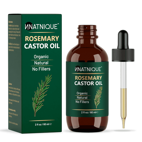 Natnique Organic Rosemary Castor Oil for Hair Growth, Cold-Pressed, Hexane-Free, 2 fl oz Glass Bottle