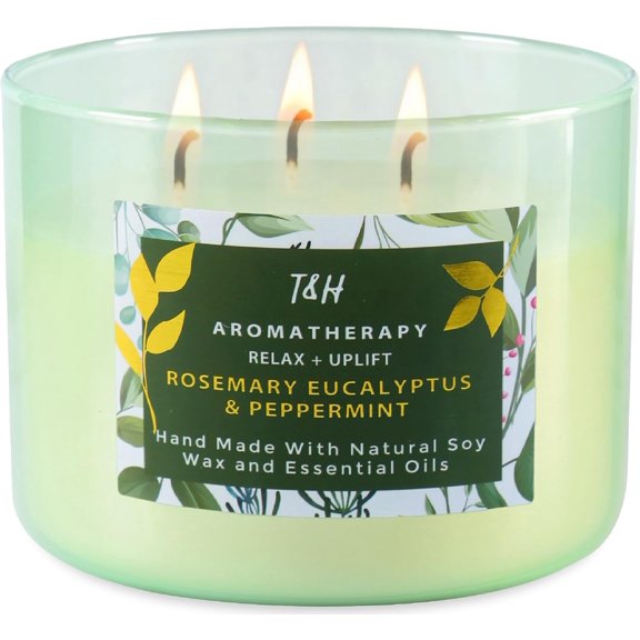 Rosemary Eucalyptus Peppermint 3 Wick Candle for Home Scented | 15.8 oz Large Soy Candle | Spa Aromatherapy Candles for Home Stress Relief | Clean Burn | Gift for Women & Men