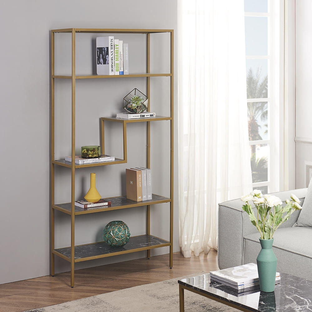 HOMEFORT Wood Geometric 5-Tier Modern Bookcase, Open Shelf and Room Divider, Freestanding Display Storage Organizer, Decorative Shelving Unit for Home